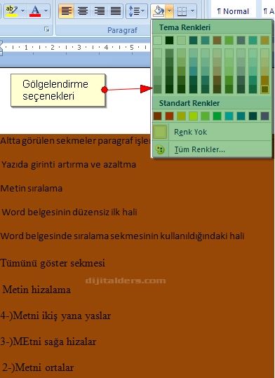 Cetvel üzerindeki paragraf işlemleri ve Sayfa Ayarlar