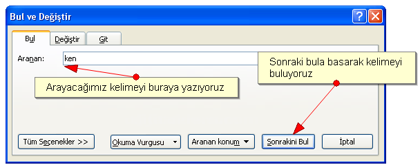 Office 2007 Bul Değiştir Git Menüsü