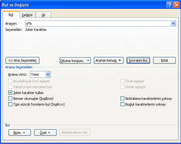 Office 2007 Bul Değiştir Git Menüsü