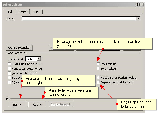 Office 2007 Bul Değiştir Git Menüsü