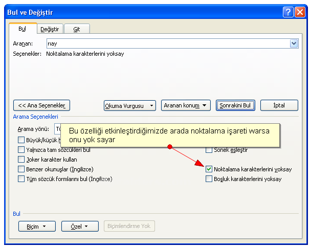 Office 2007 Bul Değiştir Git Menüsü