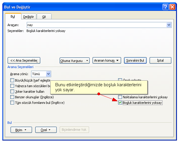 Office 2007 Bul Değiştir Git Menüsü