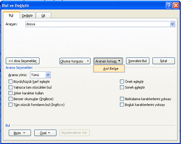 Office 2007 Bul Değiştir Git Menüsü