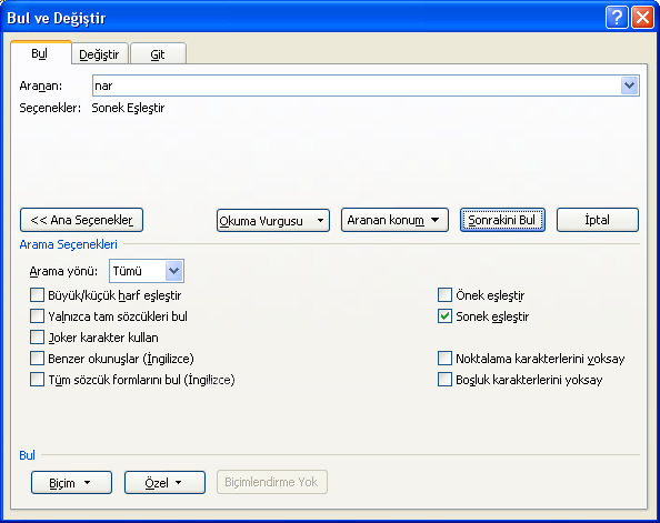 Office 2007 Bul Değiştir Git Menüsü