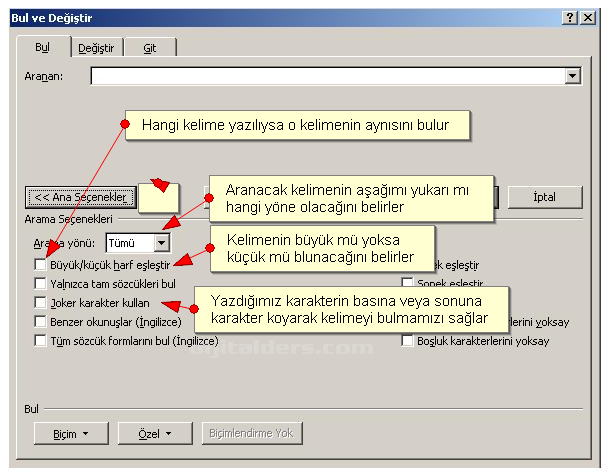 Office 2007 Bul Değiştir Git Menüsü