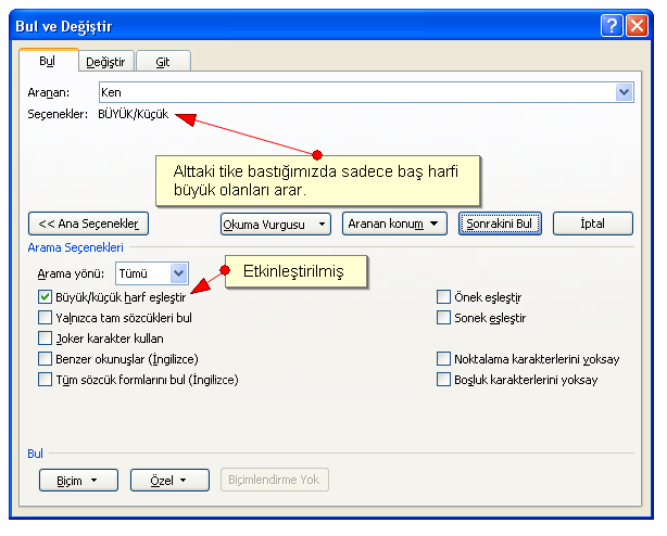 Office 2007 Bul Değiştir Git Menüsü