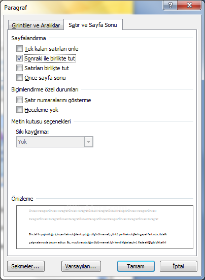 Office 2007 Paragraf Seçenekleri