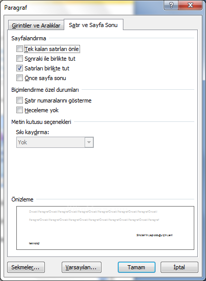 Office 2007 Paragraf Seçenekleri