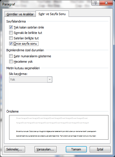 Office 2007 Paragraf Seçenekleri