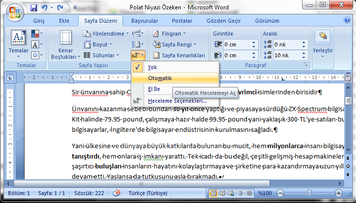 Office 2007 Paragraf Seçenekleri