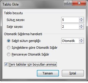 Office 2007 Ekle Menüsünden Tablo Seçeneği