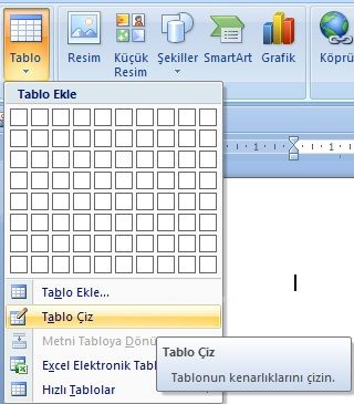 Office 2007 Ekle Menüsünden Tablo Seçeneği