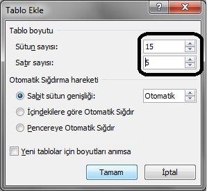 Office 2007 Ekle Menüsünden Tablo Seçeneği