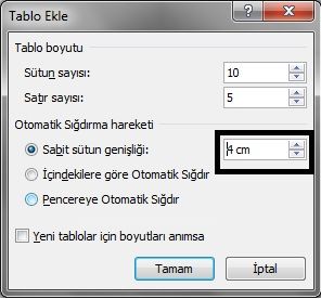 Office 2007 Ekle Menüsünden Tablo Seçeneği