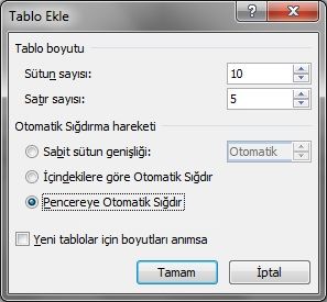 Office 2007 Ekle Menüsünden Tablo Seçeneği